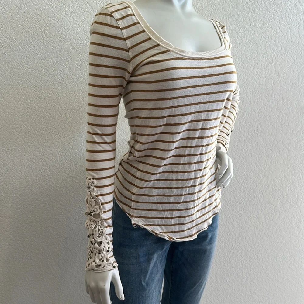 Free People Mustard Tuscaloosa Hard Candy Henley with Beaded Crocheted Cuffs